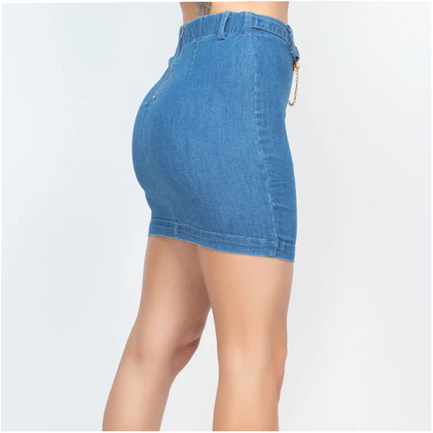 High-rise Belted Chain Denim Skirt

