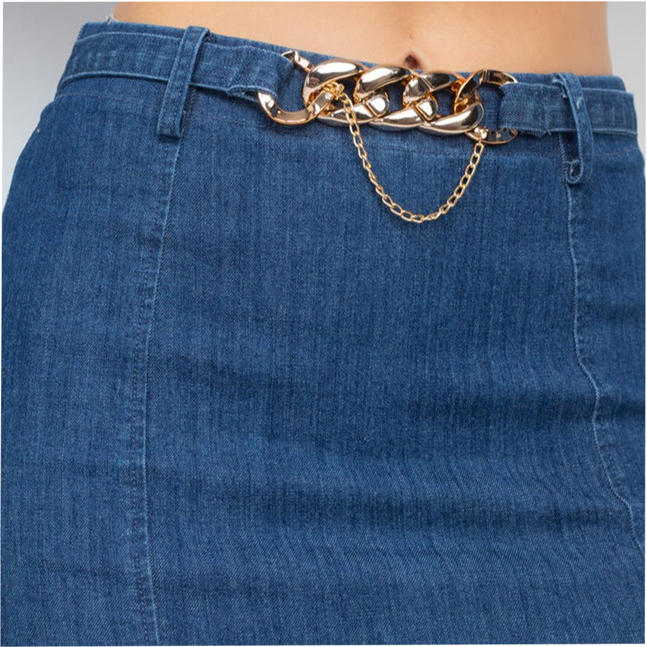 High-rise Belted Chain Denim Skirt
