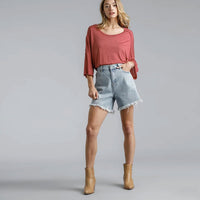 High Rise Denim Shorts With Raw Hem