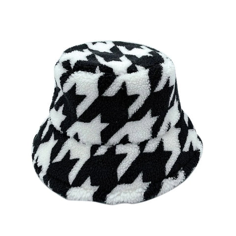 Houndstooth Patterned Sherpa Bucket Hat