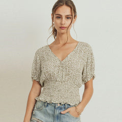 Ivory & Olive Floral Print Puff Sleeve Smocked Waist Surplice Women's Top