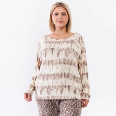 Ivory Acid Wash Print Bateau Neck Plus Women's Top