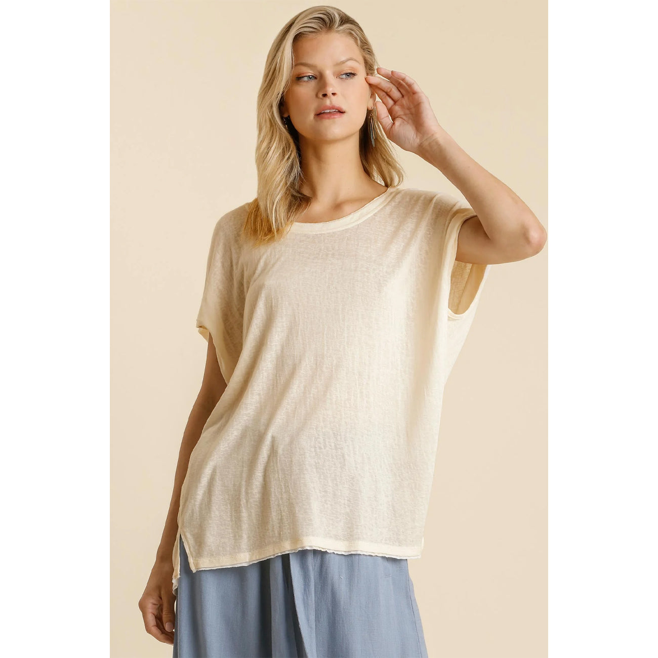 Ivory Dolman Sleeve Scoop Neck Women's Top With Side Slit