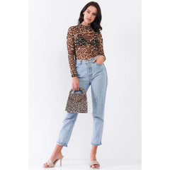 Jaguar Print Sheer Mesh Long Sleeve Bodysuit Top