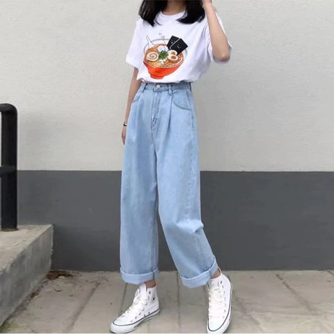 Jeans Women Solid Vintage High Waist Wide Leg Denim Trousers