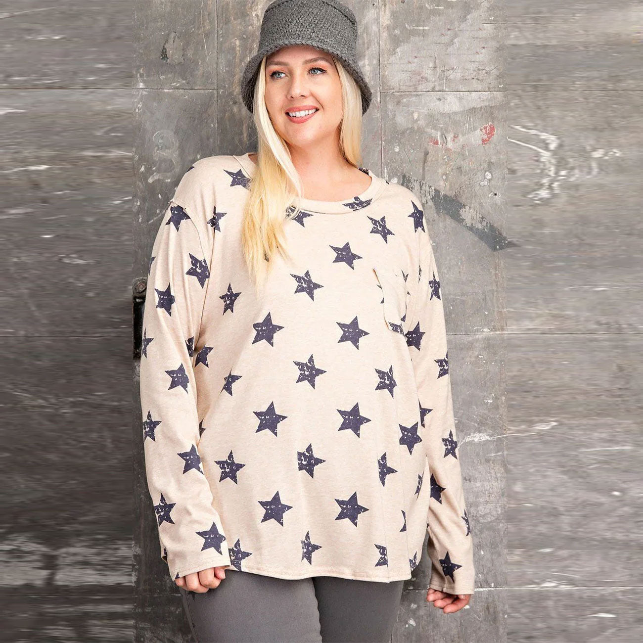 Khaki Star Printed Poly Rayon Loose Fit Plus Women's Top