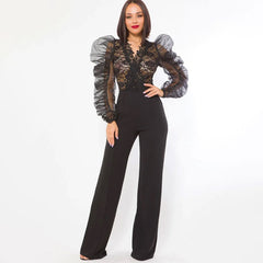 Lace Combined Fashion Jumpsuit - Black