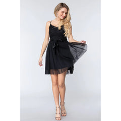Lace Stiff Meshed Cami Mini Dress in Black