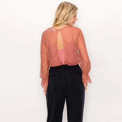 Lace Trim Shadow Stripe Bodysuit