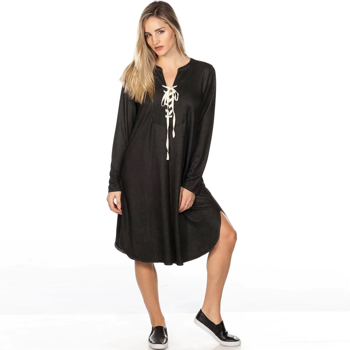 Lace Up V Neck Loose Tunic Dress