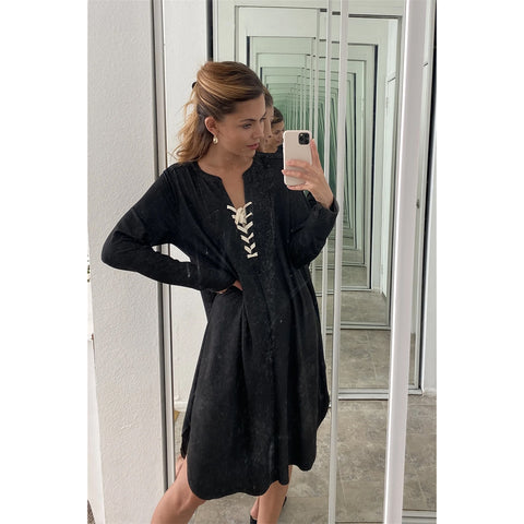 Lace Up V Neck Loose Tunic Dress