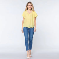 Lemon Short Ruffle Sleeve V-neck Woven Women's Top