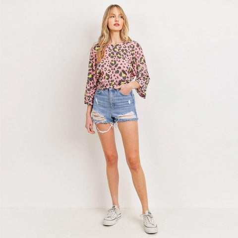 Leopard Crew Neck Knit Back Opened Short Sleeve Top