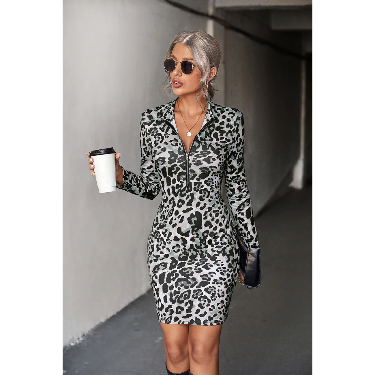 Leopard Half-Zip Mini Dress