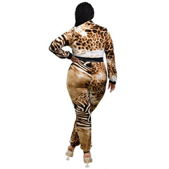 Leopard Print Zip Up Plus Size Jumpsuit