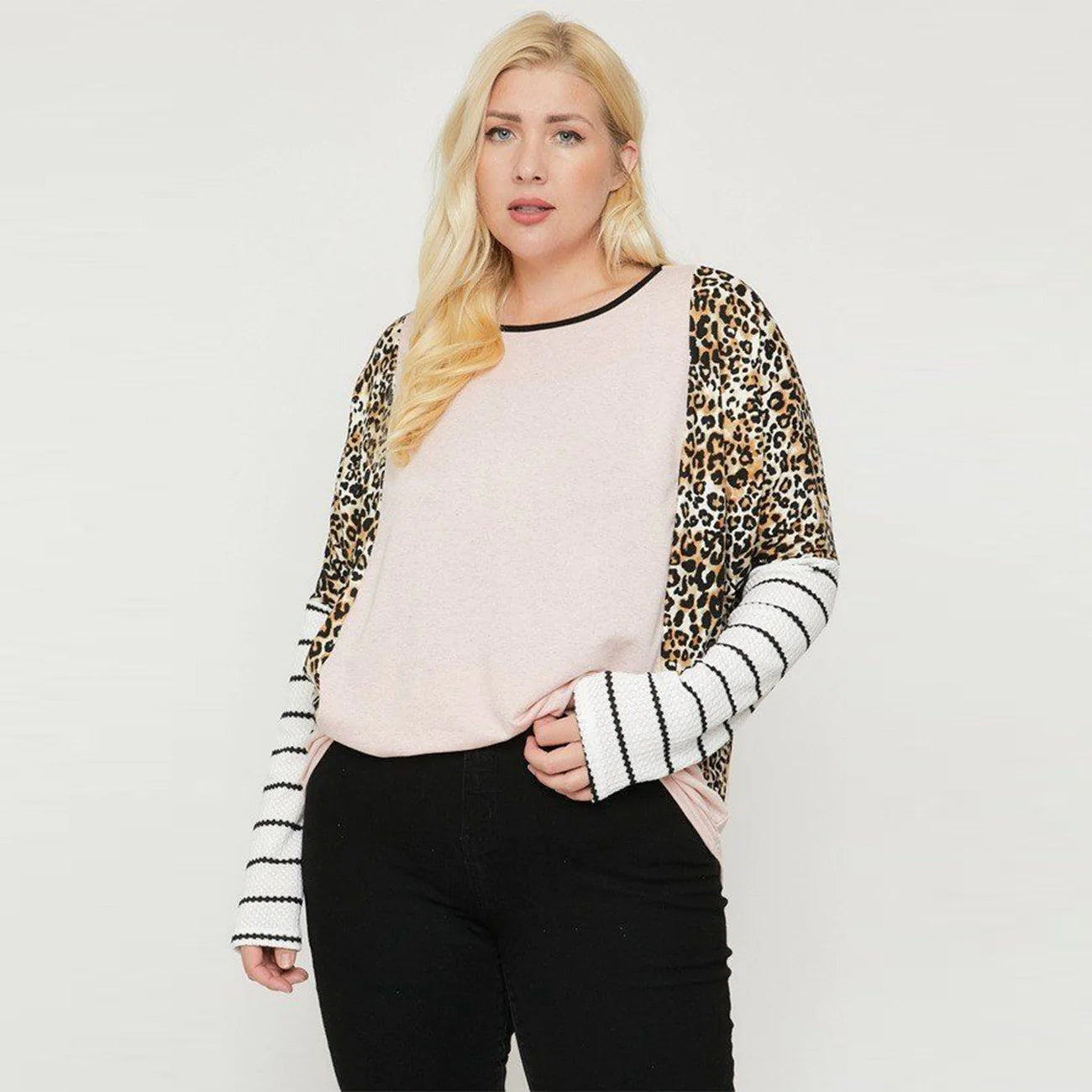 Light Pink Cheetah Print Long Sleeve Plus Size Top