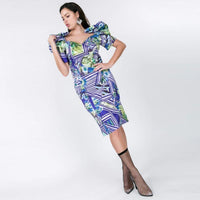 Lime and Blue Puff Sleeve Bodycon Print Dress