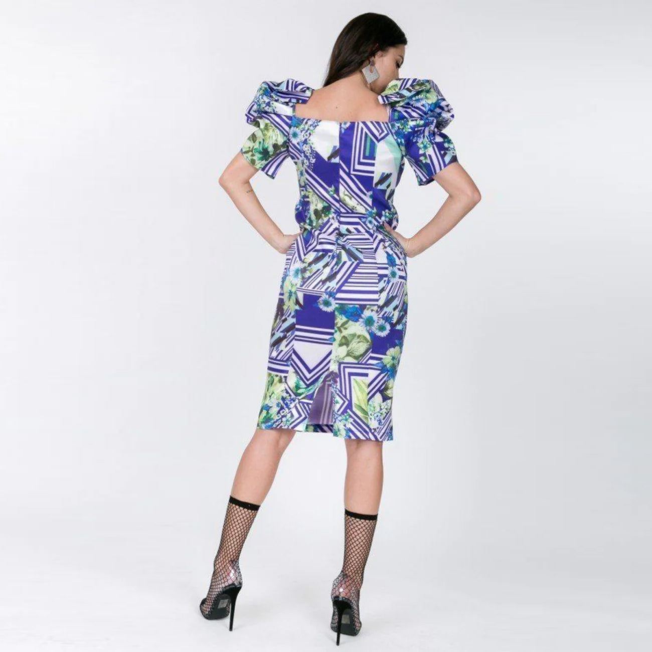 Lime and Blue Puff Sleeve Bodycon Print Dress