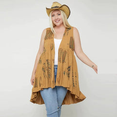 Long Flattering Silhouette Sleeveless Cardigan - Tan 
