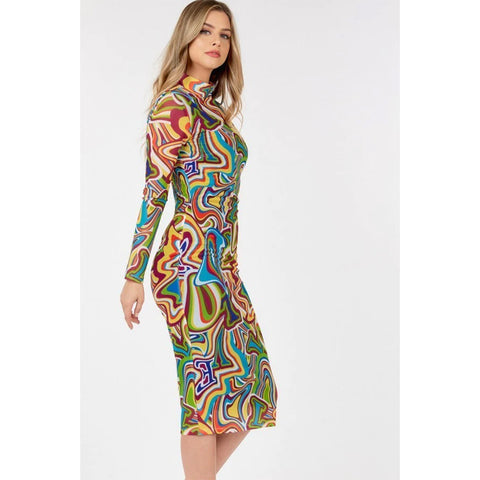long sleeve bodycon dress with letter print multicolor