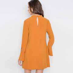 Long Sleeve V-cut Out Solid Mini Dress - Brown