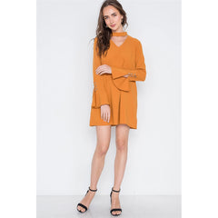 Long Sleeve V-cut Out Solid Mini Dress - Brown