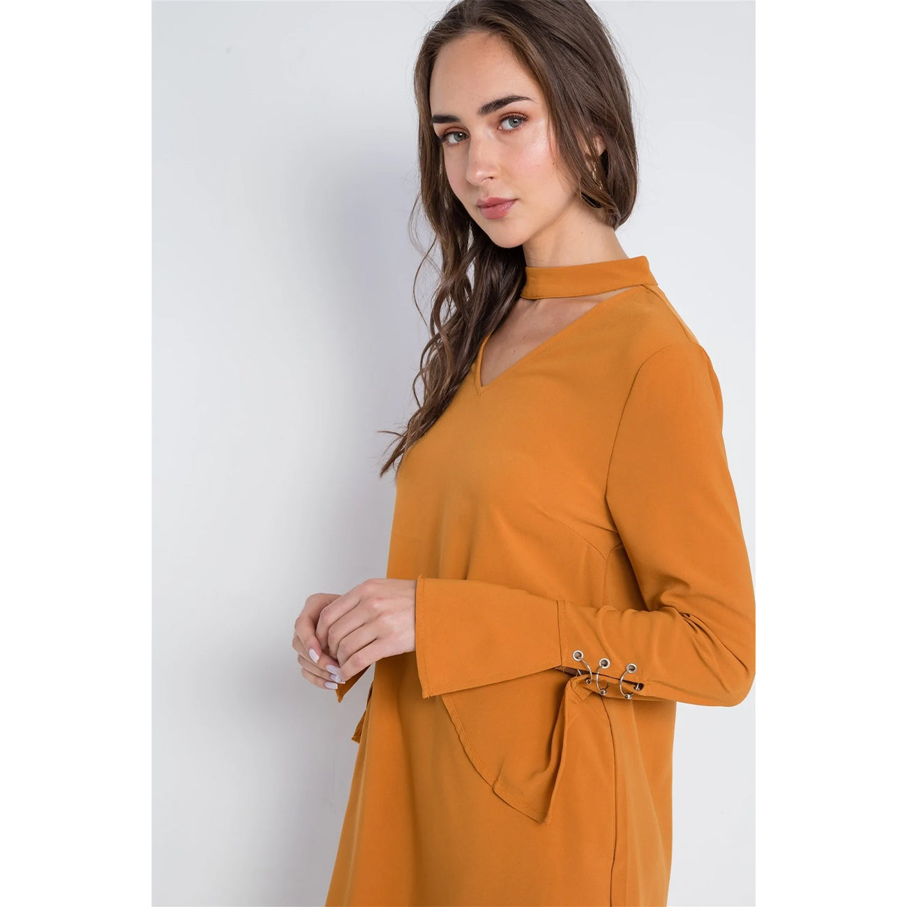 Long Sleeve V-cut Out Solid Mini Dress - Brown