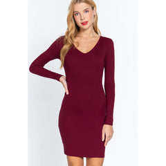 Long Sleeve V-Neck Mini Rib Women's Mini Dress
