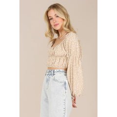 LS Square Neck Floral Crop Top - Beige