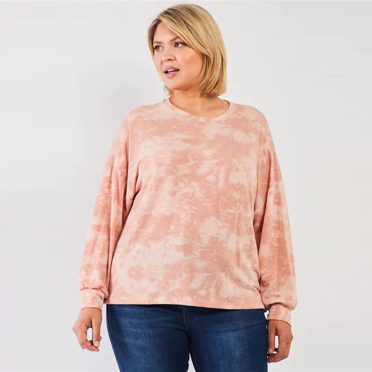 Marsala Tie-dye Print Long Sleeve Plus Women's Sweatshirt