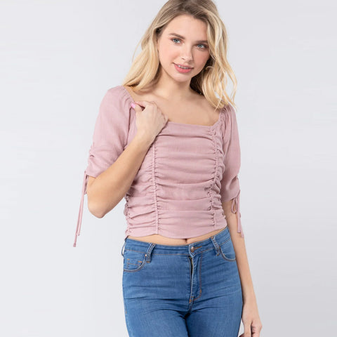 Mauve Elbow Slv Smocked Ruched Woven Top