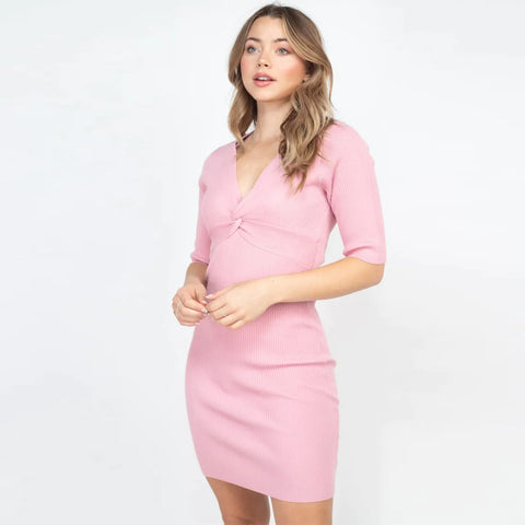 Mauve Twist Knot Knit Mini Dress