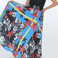 Maxi Skirt With Leather Waist Band Blue Pleated Print