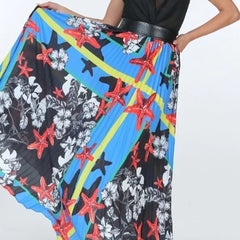 Maxi Skirt With Leather Waist Band Blue Pleated Print