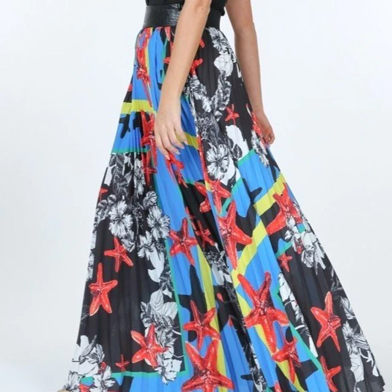 Maxi Skirt With Leather Waist Band Blue Pleated Print