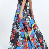 Maxi Skirt With Leather Waist Band Blue Pleated Print