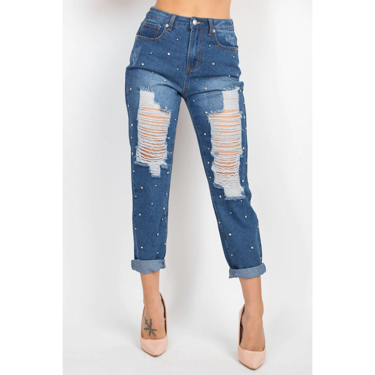 Medium Denim Rhinestones Ripped-front Women's Jeans