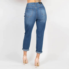 Medium Denim Rhinestones Ripped-front Women's Jeans