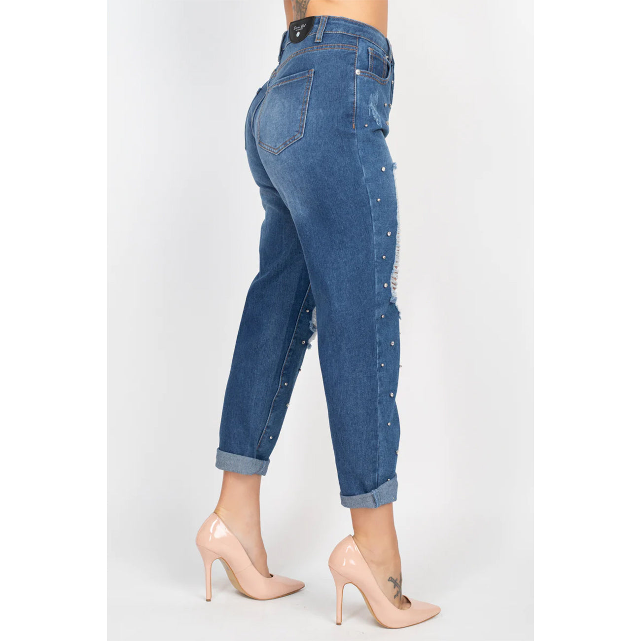 Medium Denim Rhinestones Ripped-front Women's Jeans