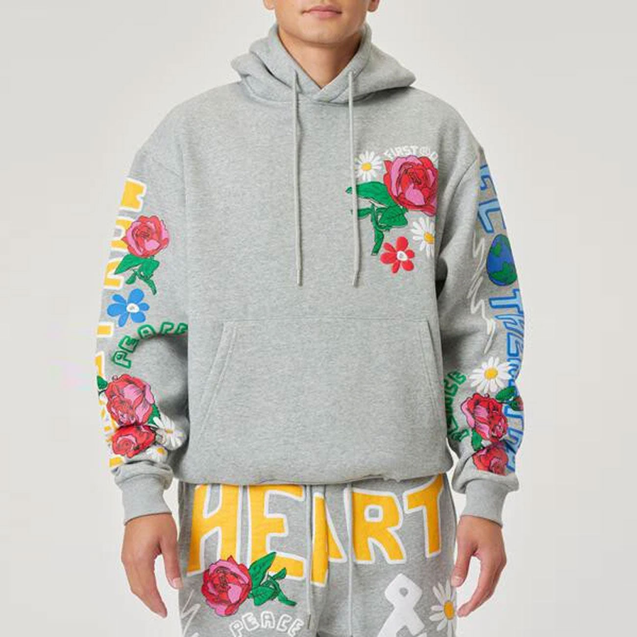 Men's Flower Puff Print Hoodies in Grey
