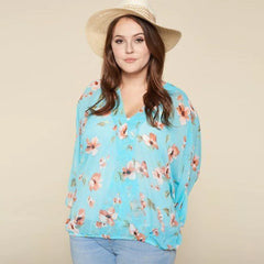 Mint Floral Chiffon Sheer Surplice Plus Size Top