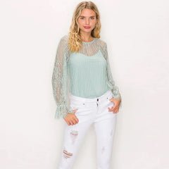 Mint Lace Trim Shadow Stripe Women's Bodysuit