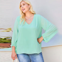 Mint V-Neck Bubble Sleeve Solid Women's Top
