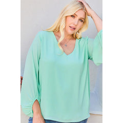 Mint V-Neck Bubble Sleeve Solid Women's Top