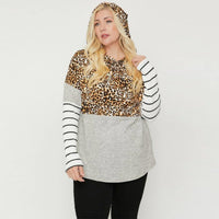Mocha Color Block Cheetah Print Plus Size Hoodie