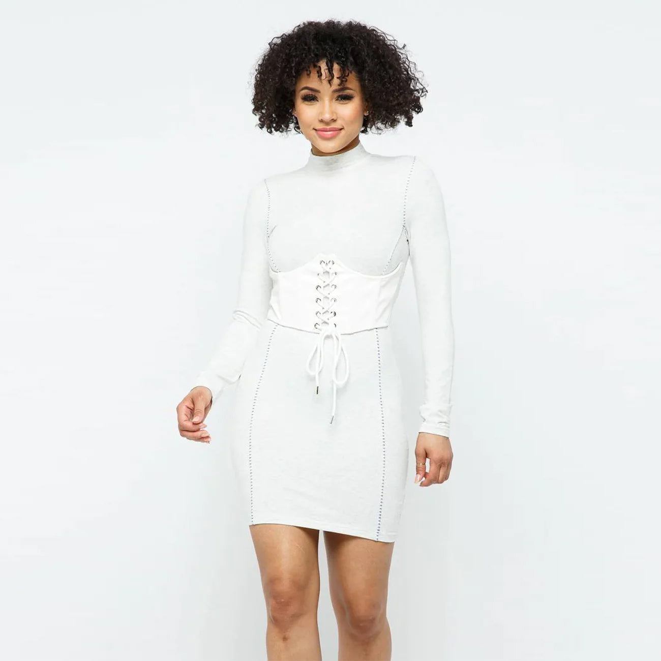 Mock Neck Long Sleeve Bodycon Mini Dress - White