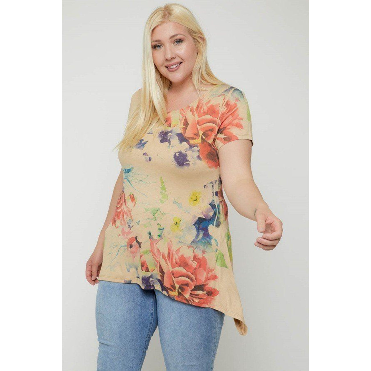 Multi-colored Watercolor Flower Print Round Neck Tunic