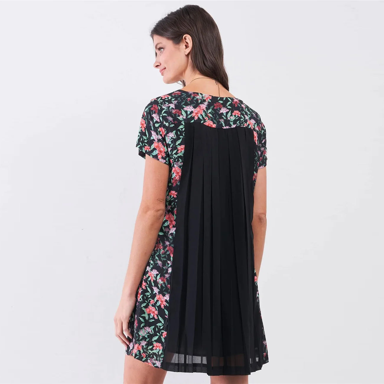 Multicolor Floral Print Pleated Mini Dress - Black