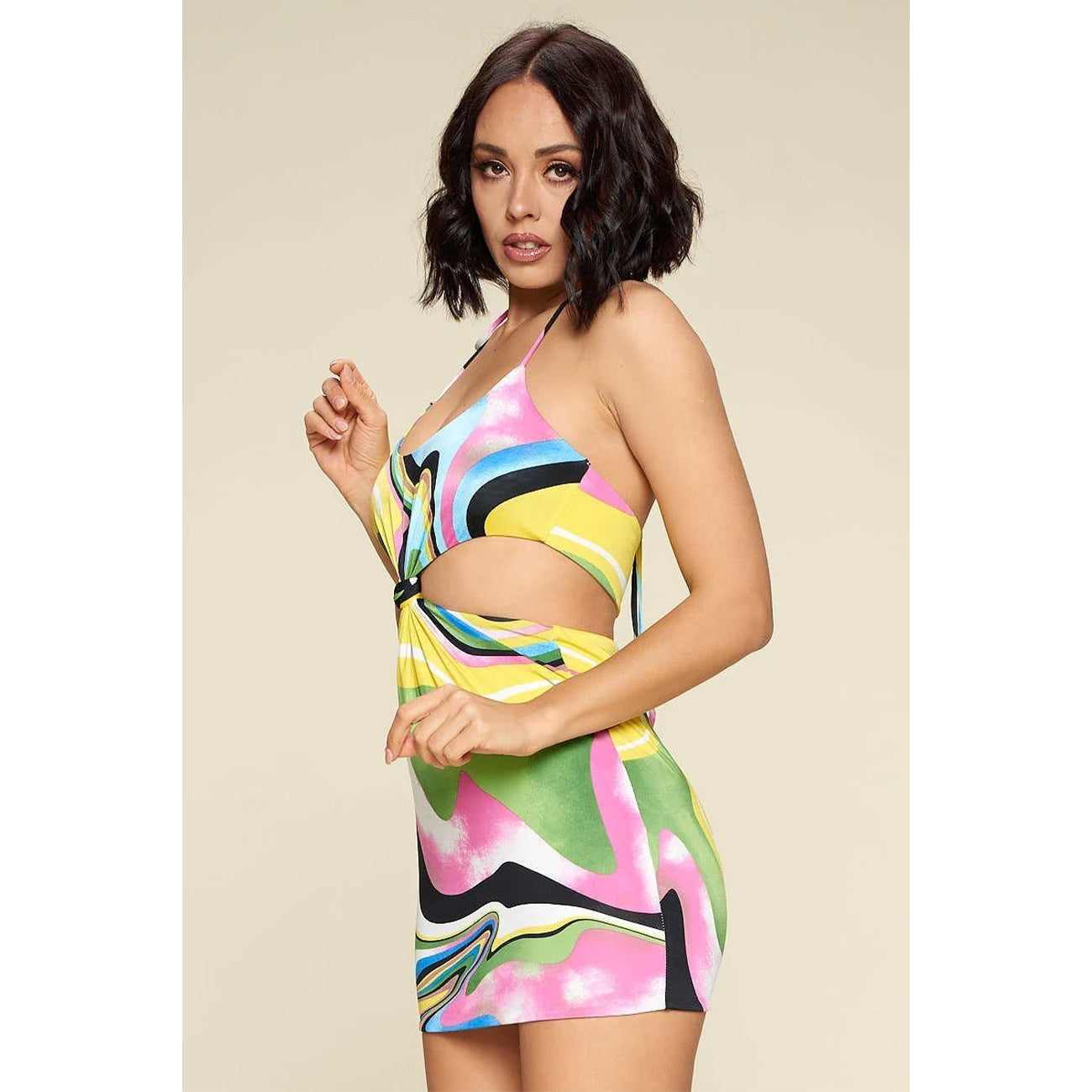 Multi Color Women's Mini Dress With Front Cut Out