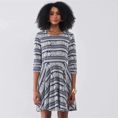 Multi Print Round Neck 3/4 Sleeve Mini Dress